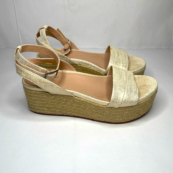 27 EDIT Jamari White Brushed Gold Leather Adjustable Strap Espadrilles Wedges - Picture 2 of 11